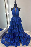 Gorgeous A Line Halter Neck Royal Blue Corset Prom Dress with Lace Ruffles