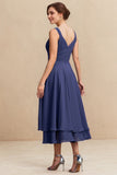 Navy A-Line/Princess Chiffon V-Neck Tea-Length Mother of the Bride Dress