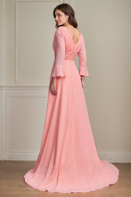 Pink A-Line/Princess Chiffon Ruched V-neck Sweep/Brush Train Mother of the Bride Dress With Ruffles