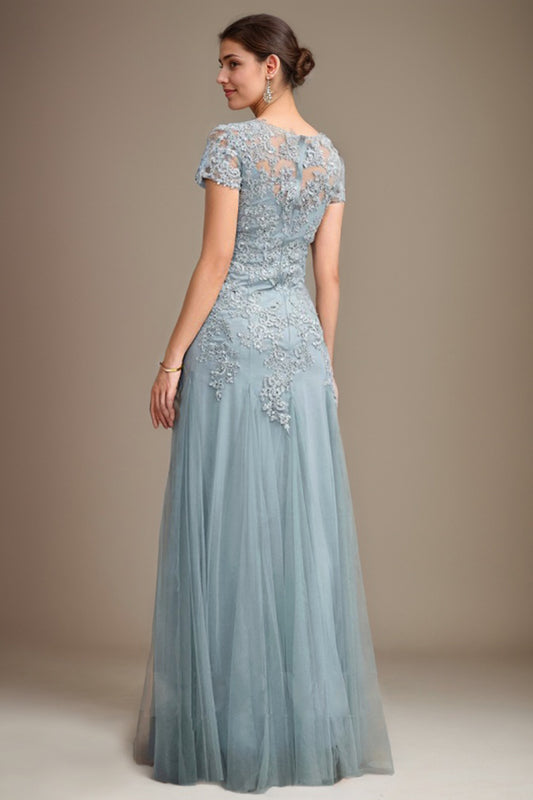 Blue A-Line Tulle Scoop Short Sleeves Floor-Length Mother of the Bride Dress With Applique Lace