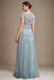 Blue A-Line Tulle Scoop Short Sleeves Floor-Length Mother of the Bride Dress With Applique Lace