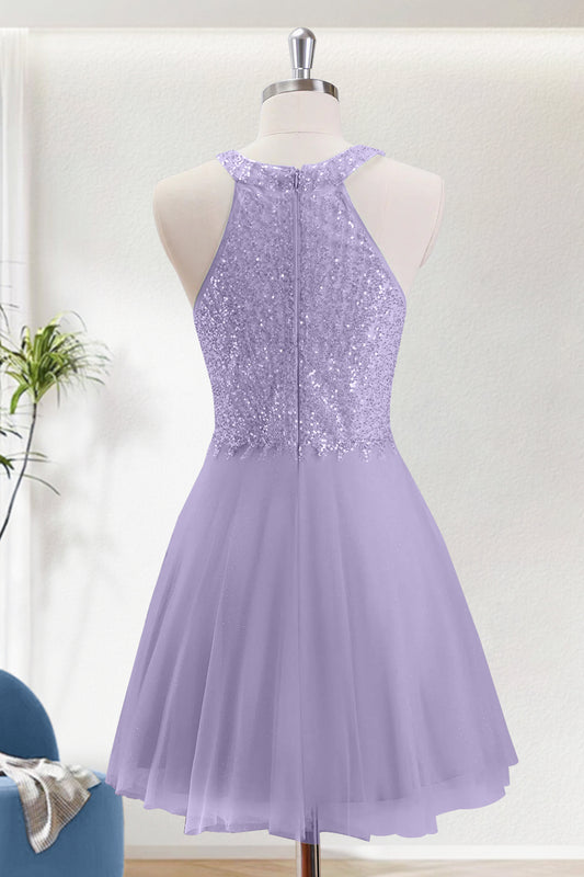 Lilac Sparkly Halter A Line Short Homecoming Dress