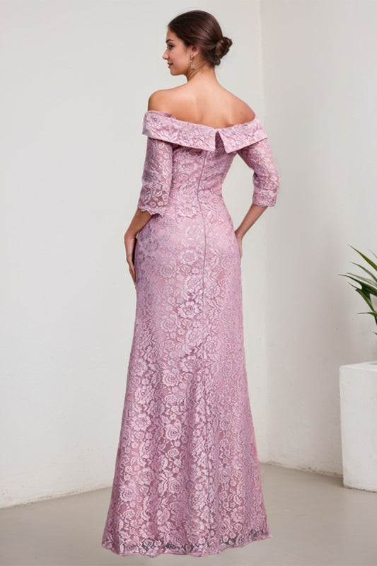 Purple Sheath/Column Satin Off-the-Shoulder 3/4 Sleeves Floor-Length Mother of the Bride Dress With Applique Lace