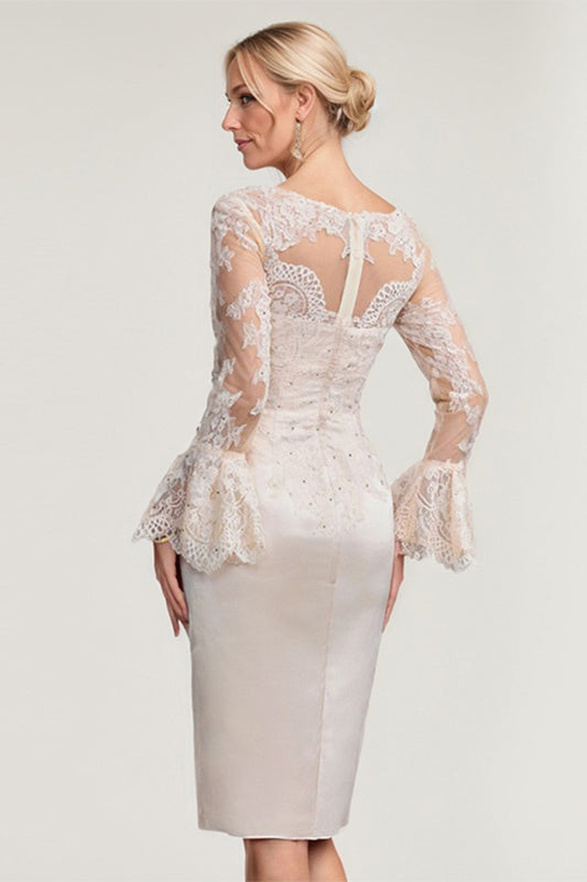 White Sheath/Column Satin Lace Scoop Long Sleeves Knee-Length Mother of the Bride Dress