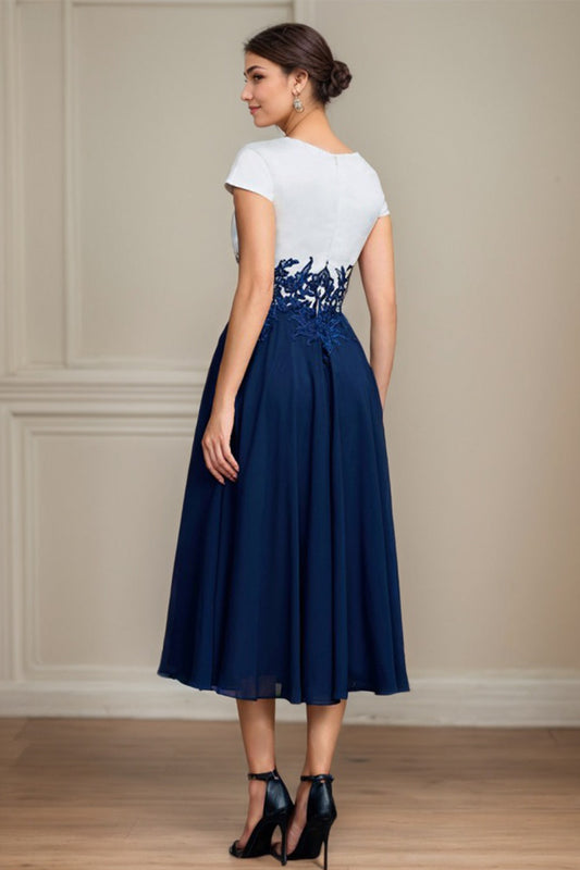 Navy A-Line/Princess Chiffon V-neck Tea-Length Mother of the Bride Dresses With Applique