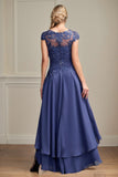 Navy A-Line/Princess Chiffon Scoop Short Sleeves Asymmetrical Mother of the Bride Dresses With Applique