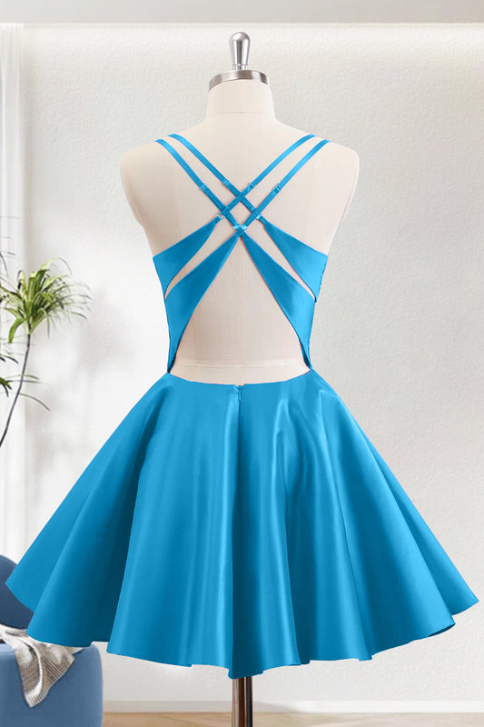 Blue A-Line V-Neck Short Homecoming Dress