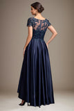 Navy A-Line Scoop Asymmetrical Satin Mother of the Bride Dress With Applique Lace