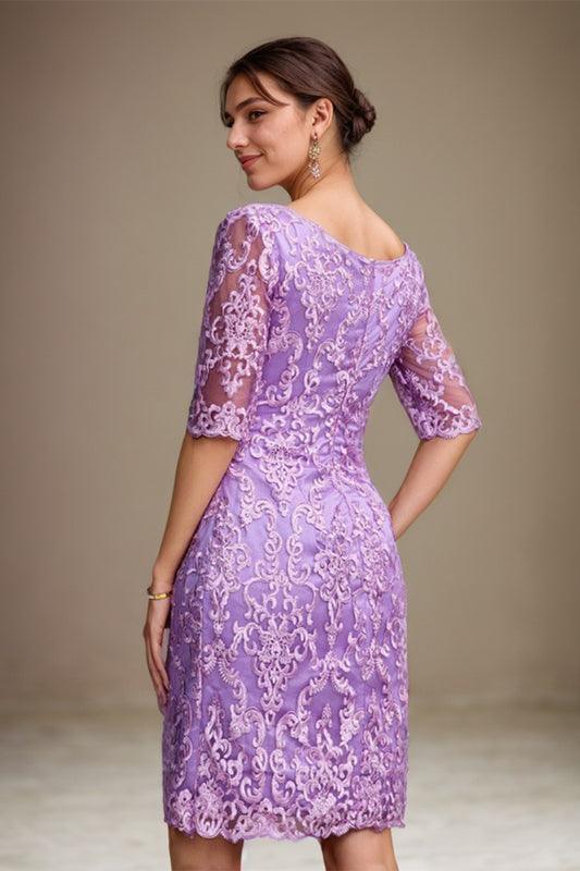 Purple Sheath/Column Chiffon V-Neck 1/2 Sleeves Short Mother of the Bride Dress With Applique Lace