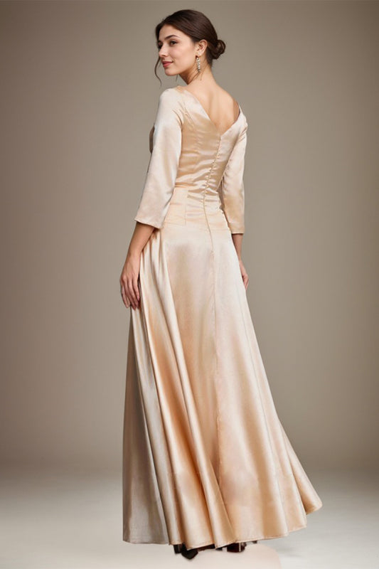 Champagne A-Line/Princess Elastic Woven Satin Ruched V-Neck Ankle-Length Mother of the Bride Dress