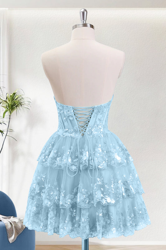 Sparkly Light Blue A-Line Strapless Short Homecoming Dress With Appliques