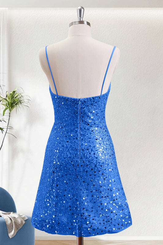 Beaded Blue Spaghetti Strap Homecoming Dress