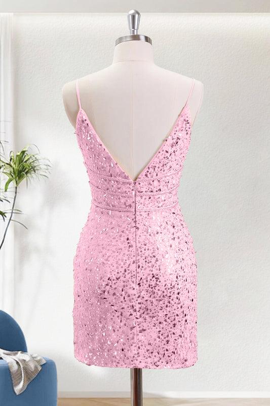 Pink Sequins Bodycon V-Neck Short Homecoming Dress