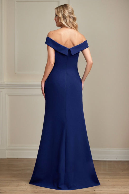 Navy Sheath Stretch Crepe Off-the-Shoulder Floor-Length Mother of the Bride Dress With Applique