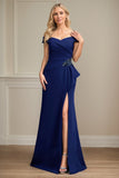 Navy Sheath Stretch Crepe Off-the-Shoulder Floor-Length Mother of the Bride Dress With Applique