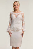 White Sheath/Column Satin Lace Scoop Long Sleeves Knee-Length Mother of the Bride Dress