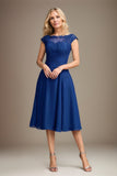 Blue A-Line Chiffon Lace Scoop Sleeveless Knee-Length Mother of the Bride Dress With Appliques