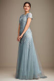 Blue A-Line Tulle Scoop Short Sleeves Floor-Length Mother of the Bride Dress With Applique Lace