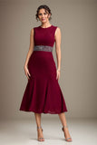 Burgundy Sheath/Column Chiffon Scoop Tea-Length Mother of the Bride Dress With Beading