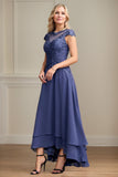 Navy A-Line/Princess Chiffon Scoop Short Sleeves Asymmetrical Mother of the Bride Dresses With Applique