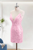 Pink Sequins Bodycon V-Neck Short Homecoming Dress