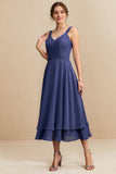 Navy A-Line/Princess Chiffon V-Neck Tea-Length Mother of the Bride Dress