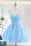 Blue A-Line Spaghetti Straps Short Homecoming Dress With Appliques