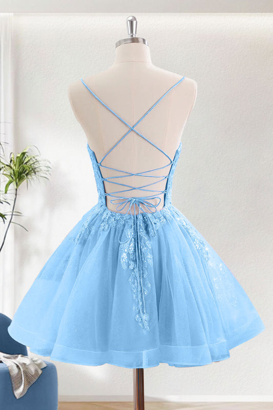 Blue A-Line Spaghetti Straps Short Homecoming Dress With Appliques