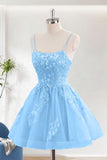 Blue A-Line Spaghetti Straps Short Homecoming Dress With Appliques