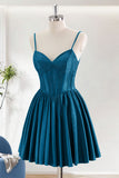 Teal A-Line Spaghetti Straps Corset Homecoming Dress with Pleated