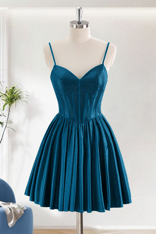 Teal A-Line Spaghetti Straps Corset Homecoming Dress with Pleated