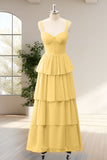 Yellow Ruffled Chiffon A Line Tiered Bridesmaid Dress