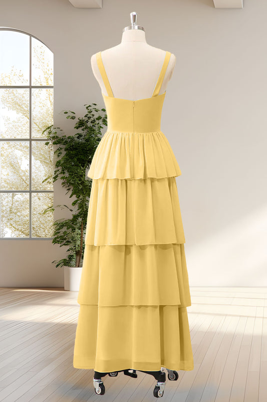 Yellow Ruffled Chiffon A Line Tiered Bridesmaid Dress