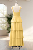 Yellow Ruffled Chiffon A Line Tiered Bridesmaid Dress