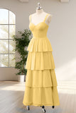 Yellow Ruffled Chiffon A Line Tiered Bridesmaid Dress