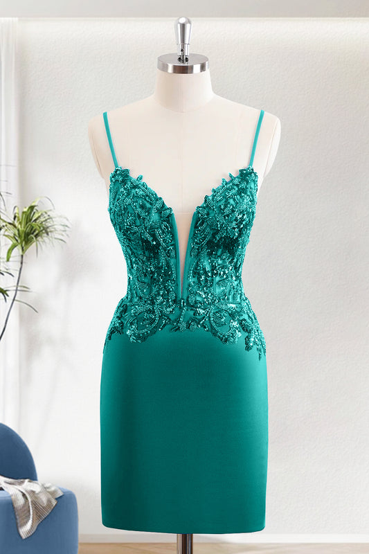 Sparkly Spaghetti Strap Sparkly Green Tight Homecoming Dress with Beading