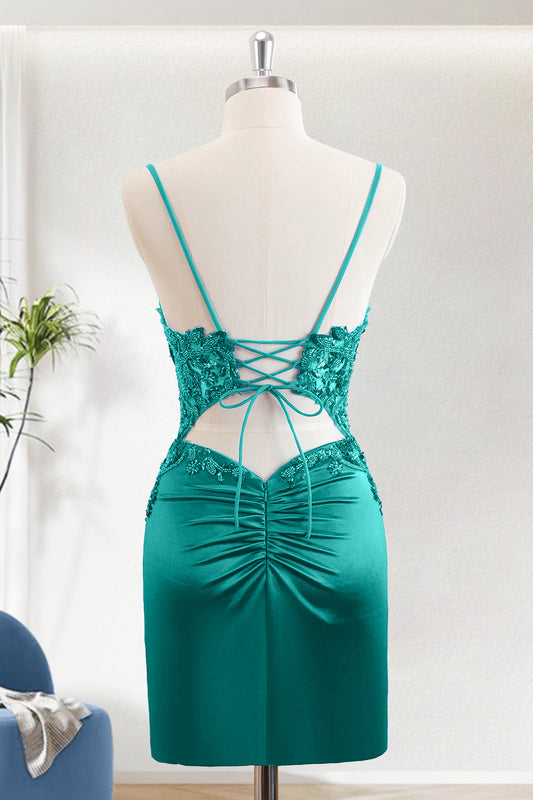 Sparkly Spaghetti Strap Sparkly Green Tight Homecoming Dress with Beading