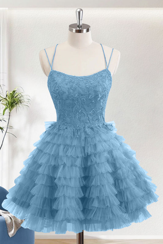 Dusty Blue A-Line Spaghetti Straps Short Homecoming Dress With Ruffles