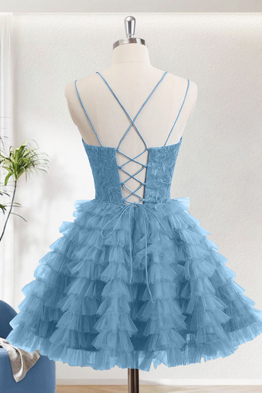 Dusty Blue A-Line Spaghetti Straps Short Homecoming Dress With Ruffles