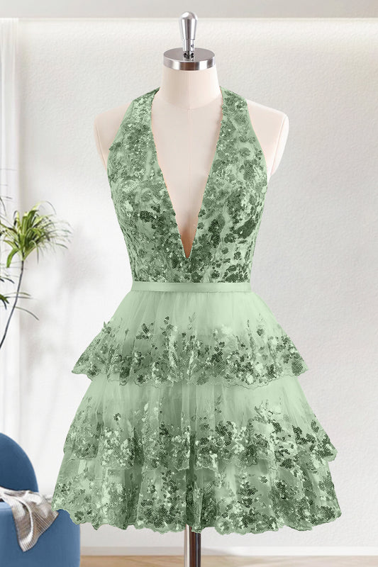 Green A-Line V-Neck Short Homecoming Dress With Appliques