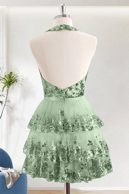 Green A-Line V-Neck Short Homecoming Dress With Appliques