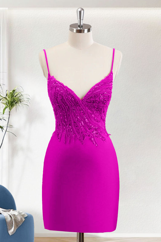 Hot Pink Bodycon Spaghetti Straps Short Homecoming Dress