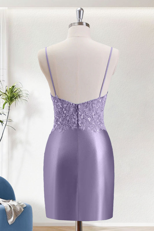 Purple Bodycon Spaghetti Straps Short Homecoming Dress With Appliques