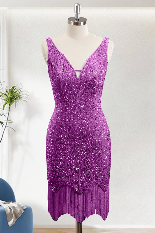 Sparkly Purple Sequins Bodycon V-Neck Short Homecoming Dress With Frignes