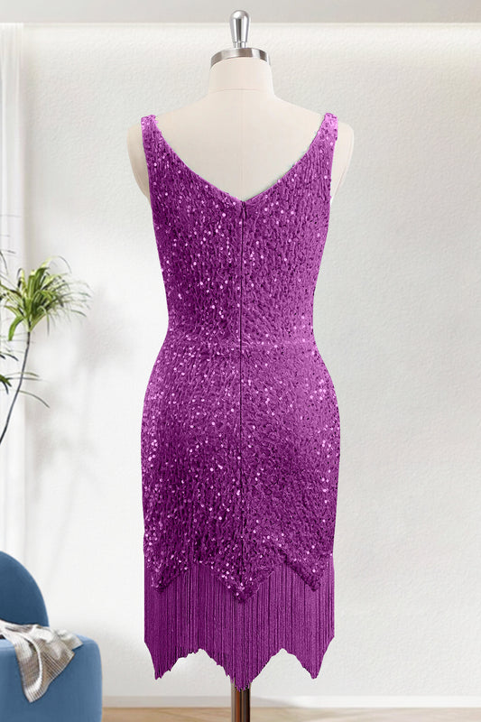 Sparkly Purple Sequins Bodycon V-Neck Short Homecoming Dress With Frignes