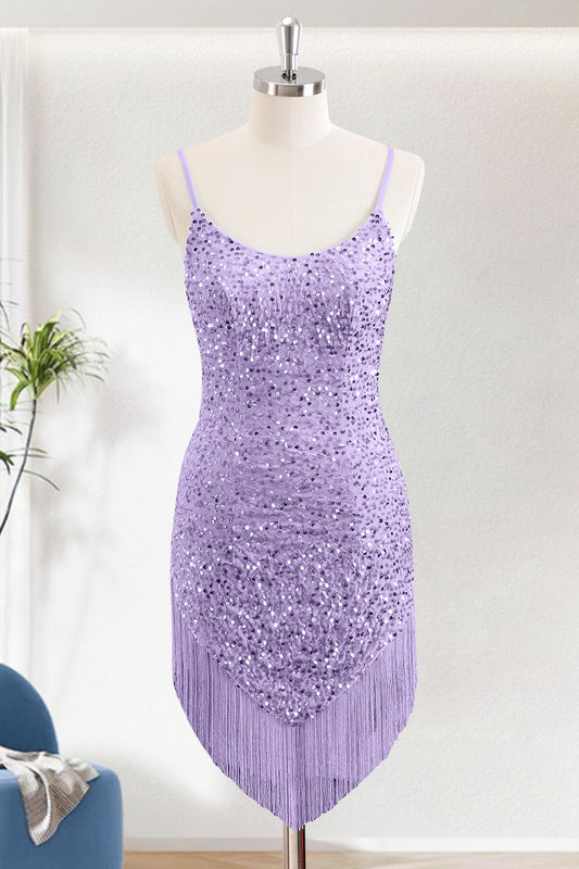 Purple Sequins Bodycon Spaghetti Straps Short Homecoming Dress With Frignes