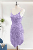 Purple Sequins Bodycon Spaghetti Straps Short Homecoming Dress With Frignes