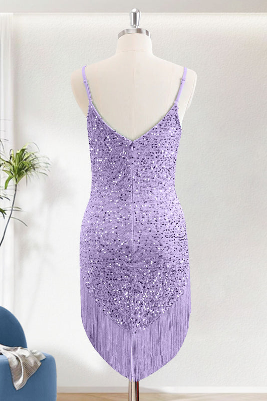 Purple Sequins Bodycon Spaghetti Straps Short Homecoming Dress With Frignes