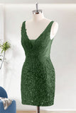 Dark Green Sequins Bodycon V-Neck Short Homecoming Dress