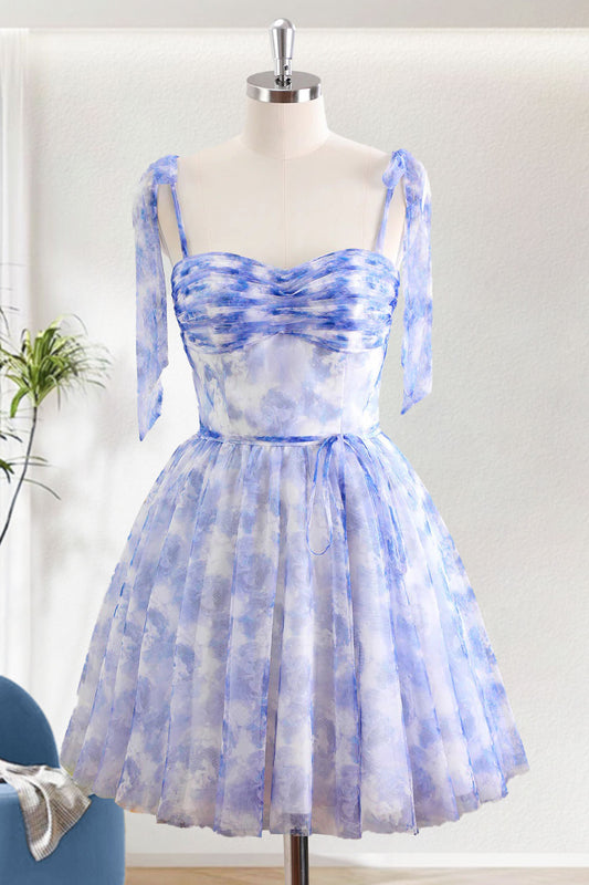 Blue A-Line Spaghetti Straps Short Homecoming Dress With Ruffles